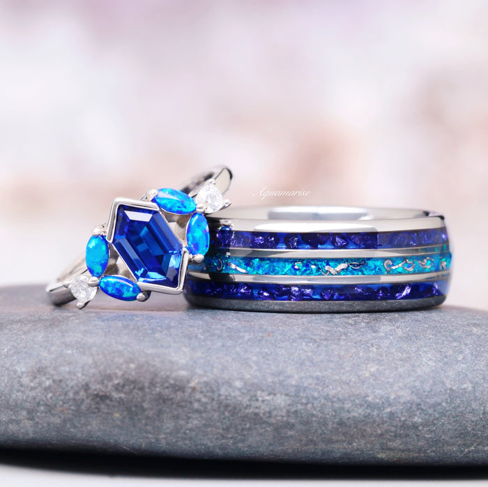 Blue Fire Opal & Sapphire Engagement Ring- Sterling Silver with a hexagonal sapphire centerpiece, marquise blue fire opals, and complementary silver band by Aquamarise.