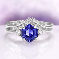 Hexagon Tanzanite Leaf Ring Set in Sterling Silver featuring a hexagon-cut tanzanite with leaf-inspired bands and diamond accents by Aquamarise, a nature-inspired engagement ring design.