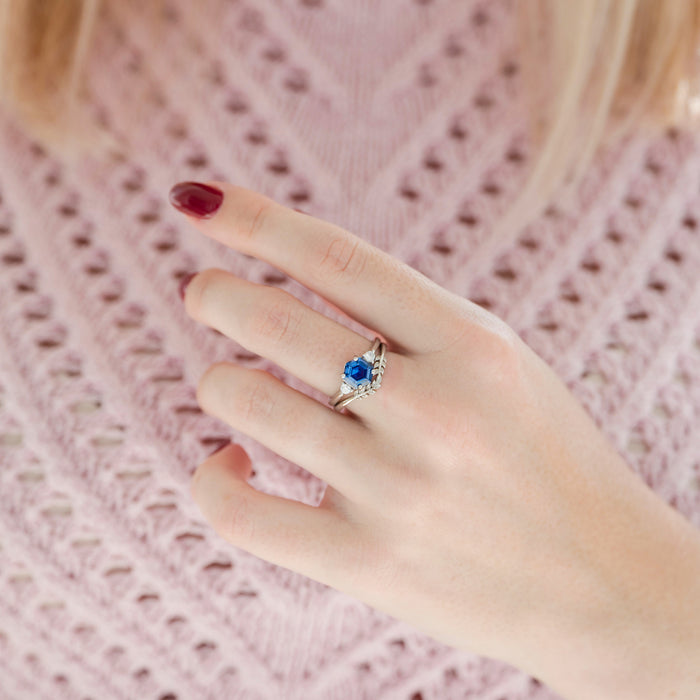 Hexagon Tanzanite Leaf Ring Set in Sterling Silver worn on hand, featuring a hexagon blue tanzanite with leaf-inspired bands by Aquamarise, from Sterling Silver Rings and December Birthstone collections.