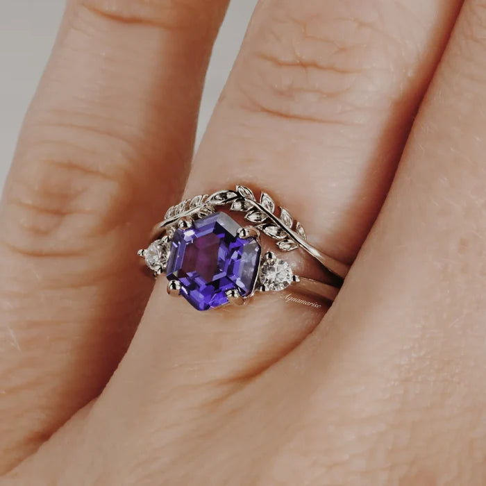 Hexagon Tanzanite Leaf Ring Set in Sterling Silver featuring a deep purple hexagon-cut tanzanite with leaf-inspired detailed bands by Aquamarise, from Sterling Silver Rings and December Birthstone collections.