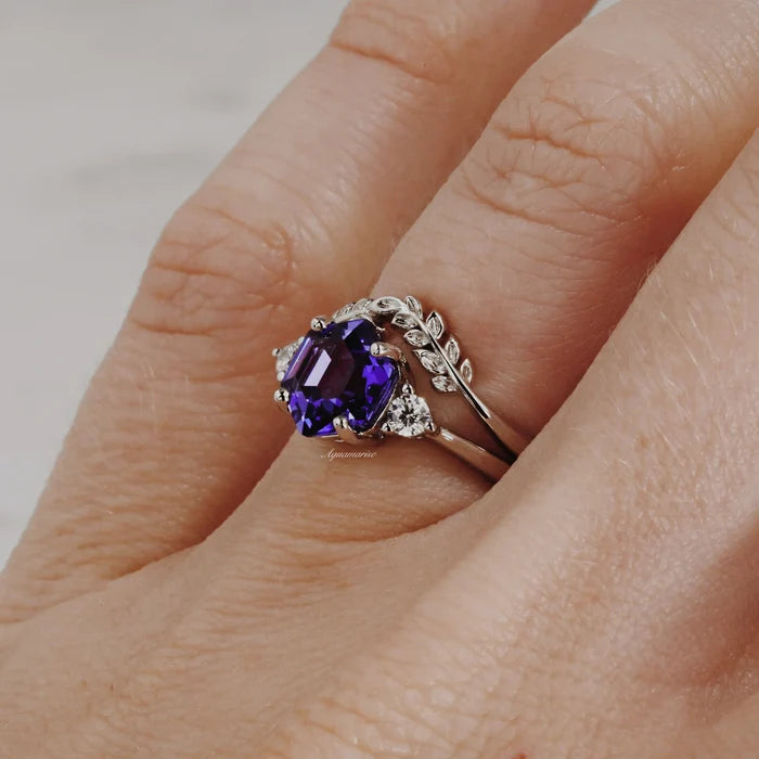 Hexagon Tanzanite Leaf Ring Set in Sterling Silver featuring a hexagon-cut deep purple tanzanite and leaf-detail bands by Aquamarise, from Sterling Silver Rings and December Birthstone collections.