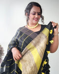 Pure Linen Saree Striped Design Arsenic Black Color-Indiehaat