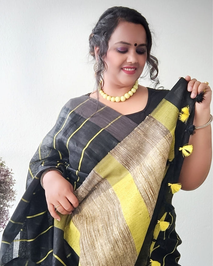 Pure Linen Saree Striped Design Arsenic Black Color-Indiehaat