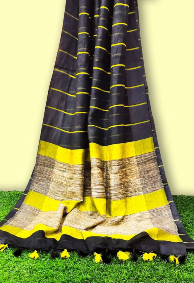 Pure Linen Saree Striped Design Arsenic Black Color-Indiehaat