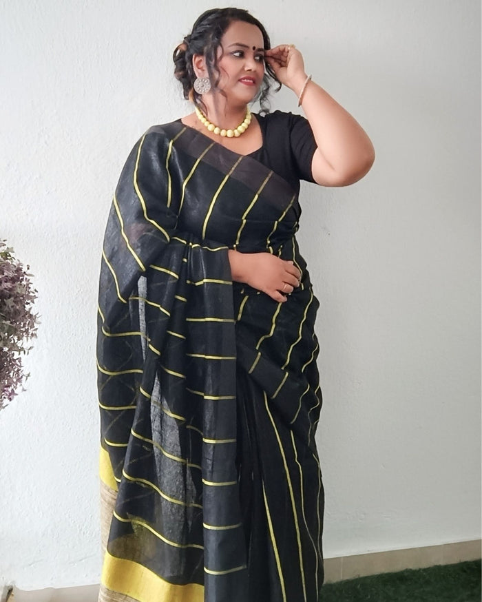 Pure Linen Saree Striped Design Arsenic Black Color-Indiehaat