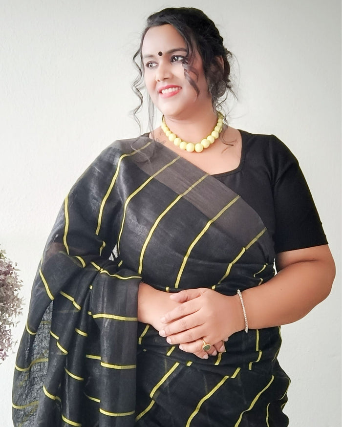 Pure Linen Saree Striped Design Arsenic Black Color-Indiehaat