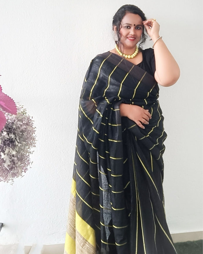 Pure Linen Saree Striped Design Arsenic Black Color-Indiehaat