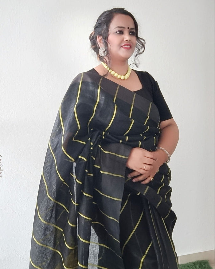 Pure Linen Saree Striped Design Arsenic Black Color-Indiehaat