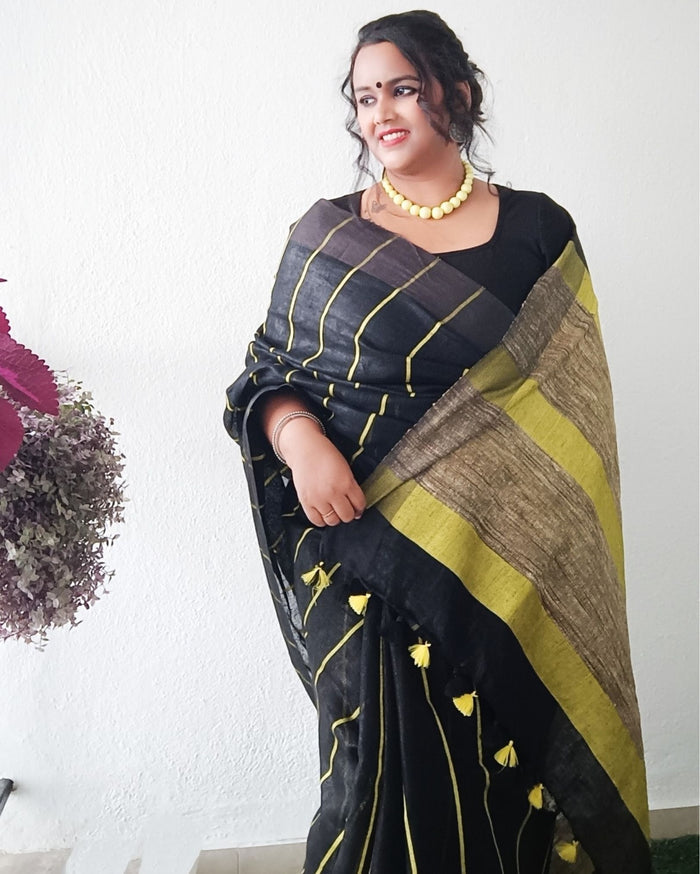 Pure Linen Saree Striped Design Arsenic Black Color-Indiehaat