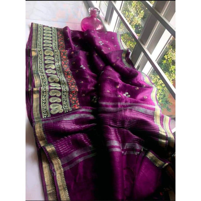 Silk Linen Digital Embroidered Handloom Voilet Saree with Running Blouse-Indiehaat