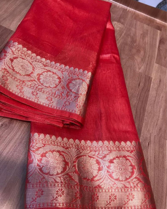 Silk Linen Banarasi Brocade Handloom Venetian Red Saree with Blouse-Indiehaat