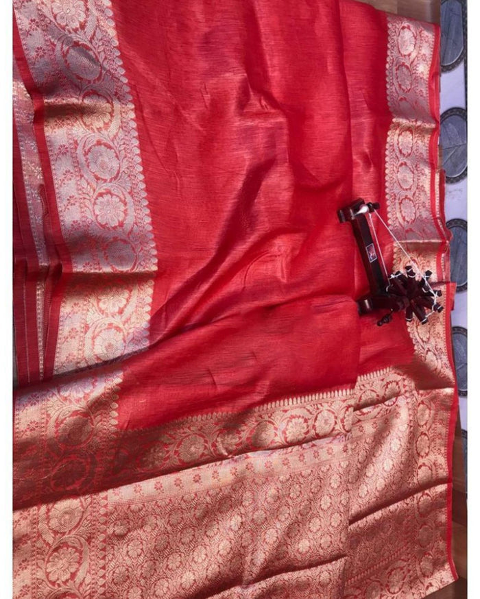 Silk Linen Banarasi Brocade Handloom Venetian Red Saree with Blouse-Indiehaat