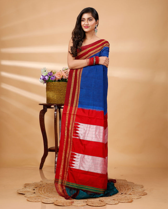 ILKAL Handloom Cotton Silk Saree Navy Blue Color with running blouse - IndieHaat