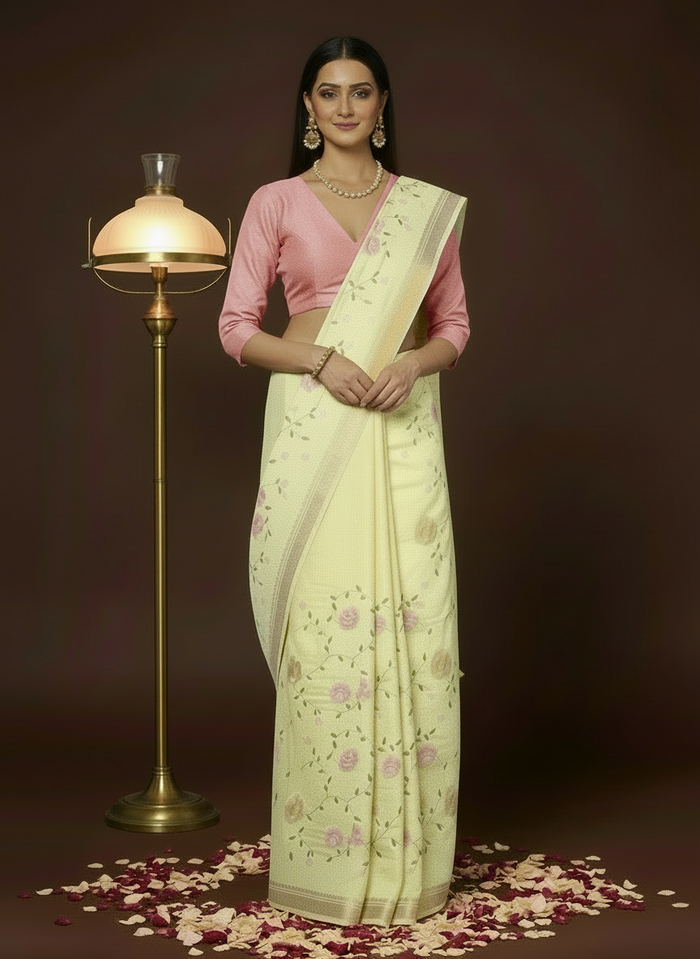 Impressionistic Silk Linen Embroidered Yellow Saree