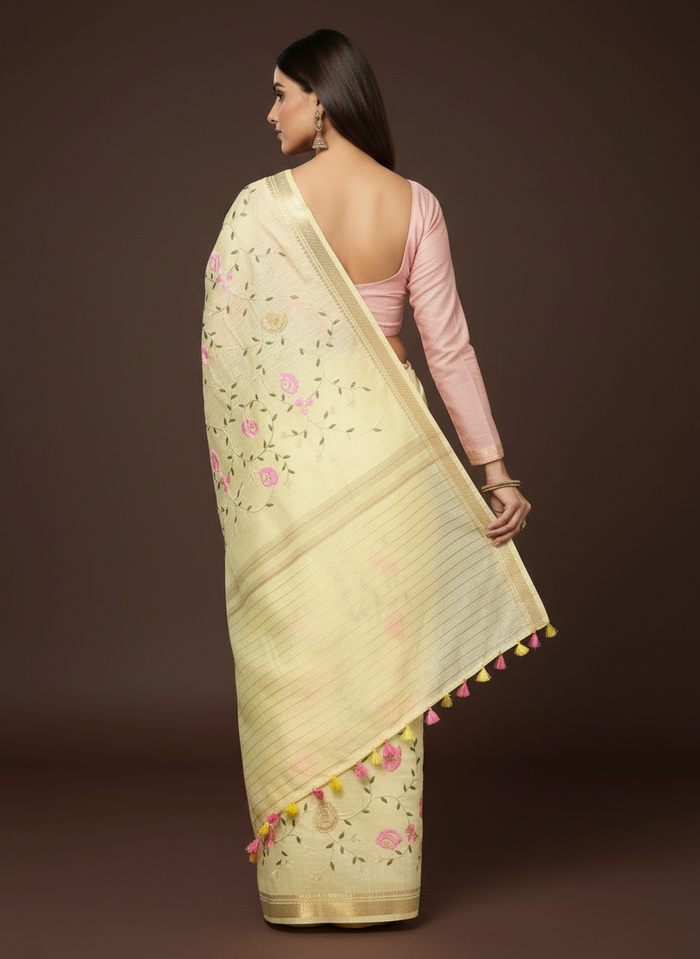 Impressionistic Silk Linen Embroidered Yellow Saree