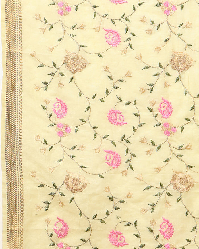 Impressionistic Silk Linen Embroidered Yellow Saree