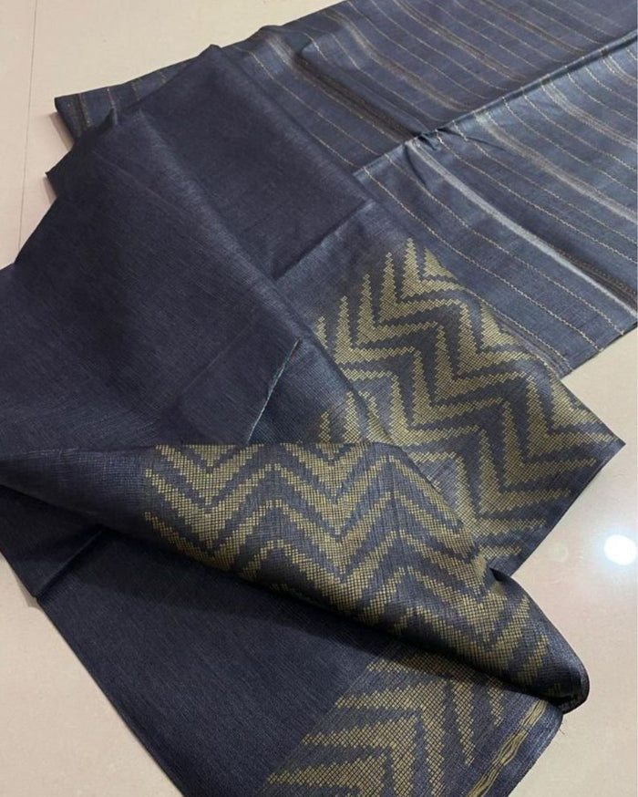 Chanderi Silk Gray Saree with Running Blouse-Indiehaat