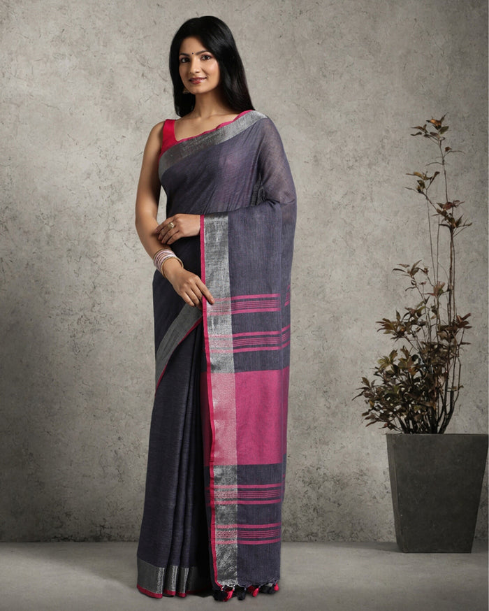 Intriguing Handwoven Pure Linen Black Saree