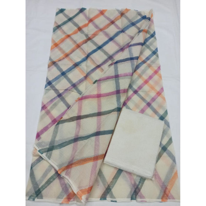 Cotton Kota Doria White Saree with blouse Handcrafted-Indiehaat