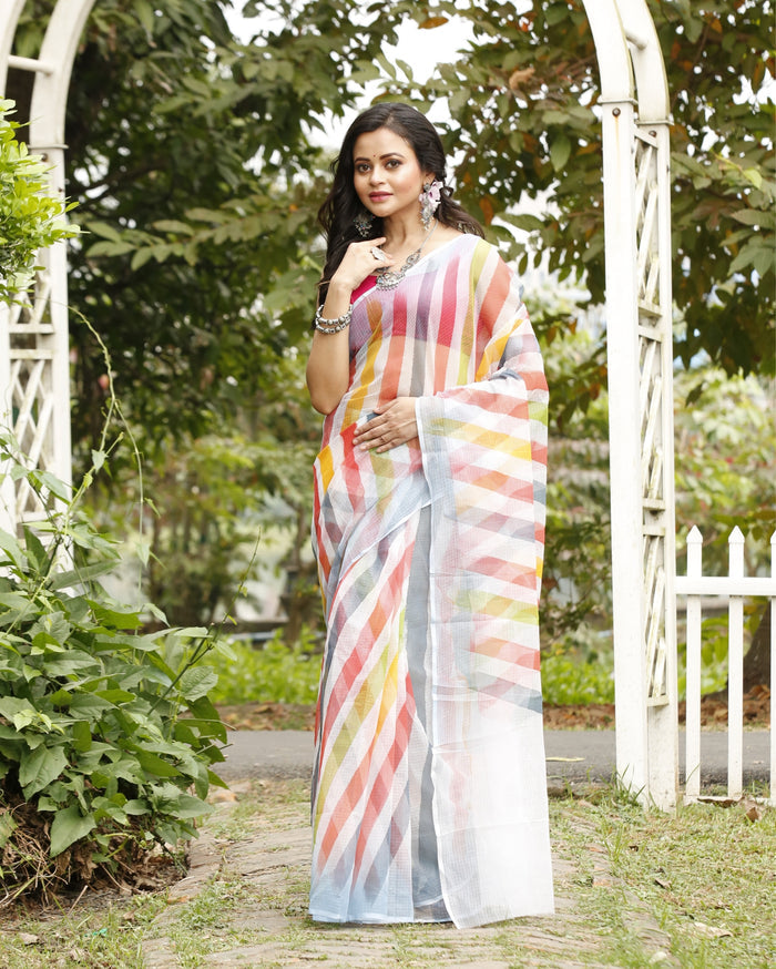 Ivory Cotton Kota Doria White Saree Handcrafted
