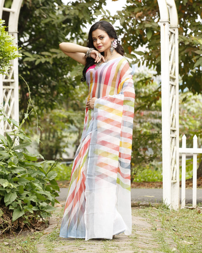 Ivory Cotton Kota Doria White Saree Handcrafted