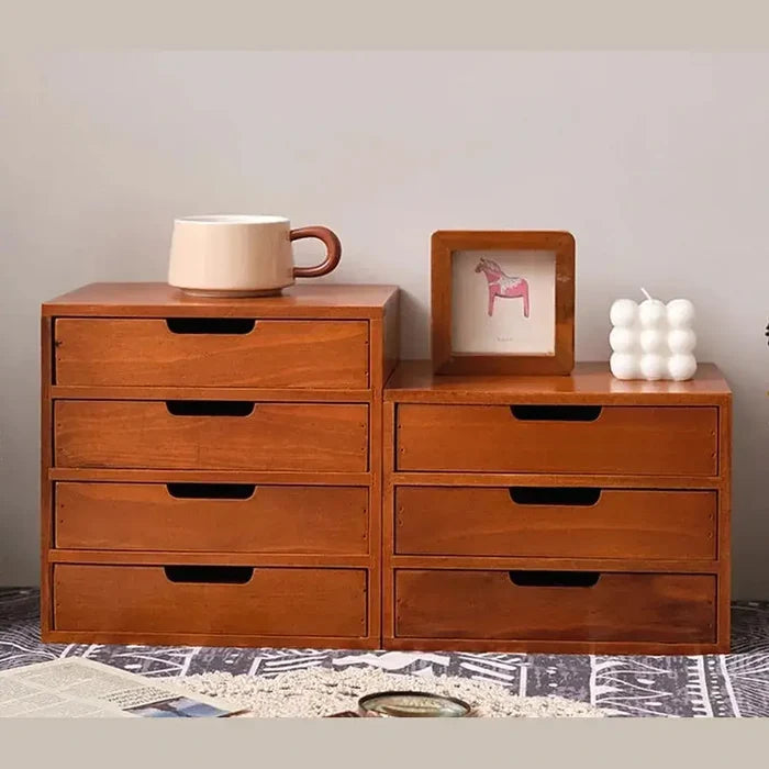 A beautiful Japanese wooden desk organizer with six drawers, styled with accessories, perfect for decluttering your workspace.