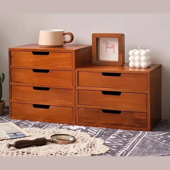 Japanese minimalist desk organizer with wooden drawers for stylish storage.