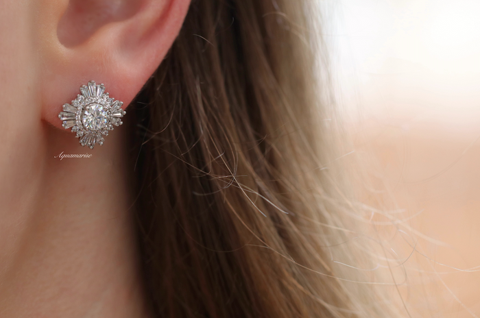 Joelle Simulated Diamond Stud Earrings in Sterling Silver by Aquamarise, featuring vintage Art Deco design with radiant simulated diamonds and baguette accents, perfect as thoughtful, elegant gifts.