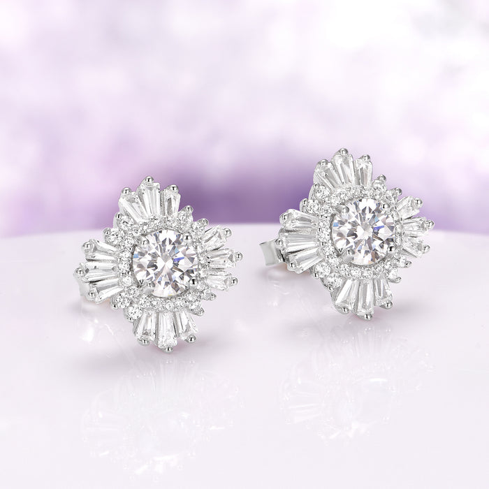 Joelle Simulated Diamond Stud Earrings in Sterling Silver featuring vintage Art Deco design with radiant simulated diamonds and baguette accents by Aquamarise.