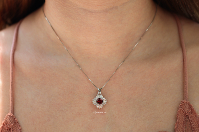Joelle Natural Red Garnet Starburst Pendant Necklace in Sterling Silver by Aquamarise, featuring a vibrant garnet center with sparkling vintage-inspired accents from the January Birthstone Jewelry collection.