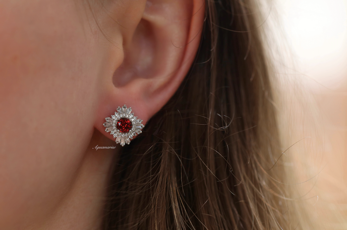Joelle Natural Red Garnet Stud Earrings in Sterling Silver by Aquamarise, featuring a vibrant red garnet center surrounded by sparkling vintage-inspired accents.