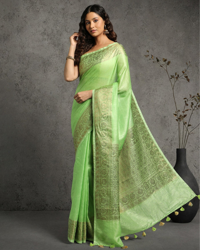 Silk Linen Banarasi Brocade Handloom Olivine Green Saree with Blouse-Indiehaat