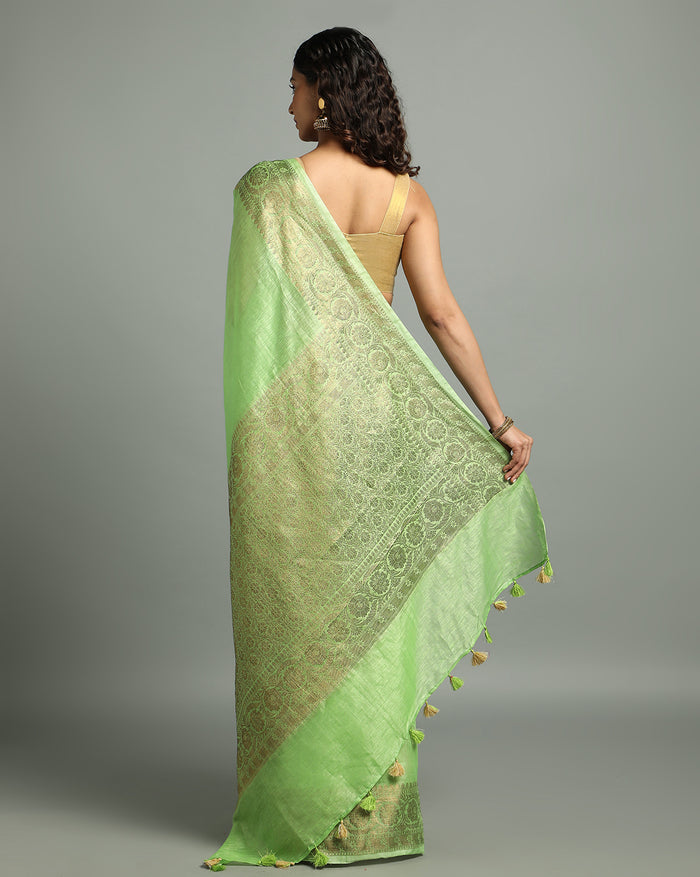 Silk Linen Banarasi Brocade Handloom Olivine Green Saree with Blouse-Indiehaat