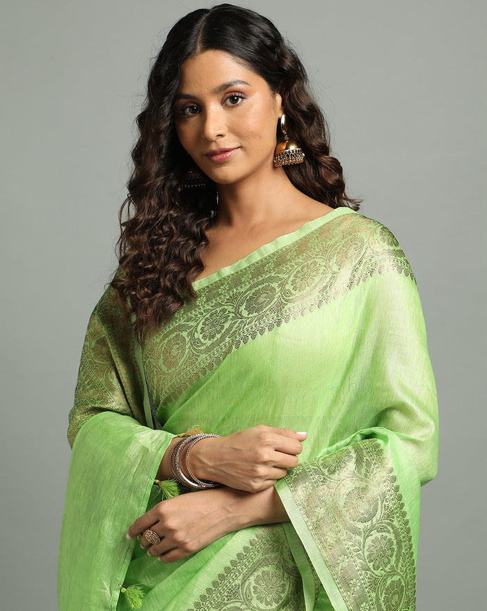 Silk Linen Banarasi Brocade Handloom Olivine Green Saree with Blouse-Indiehaat
