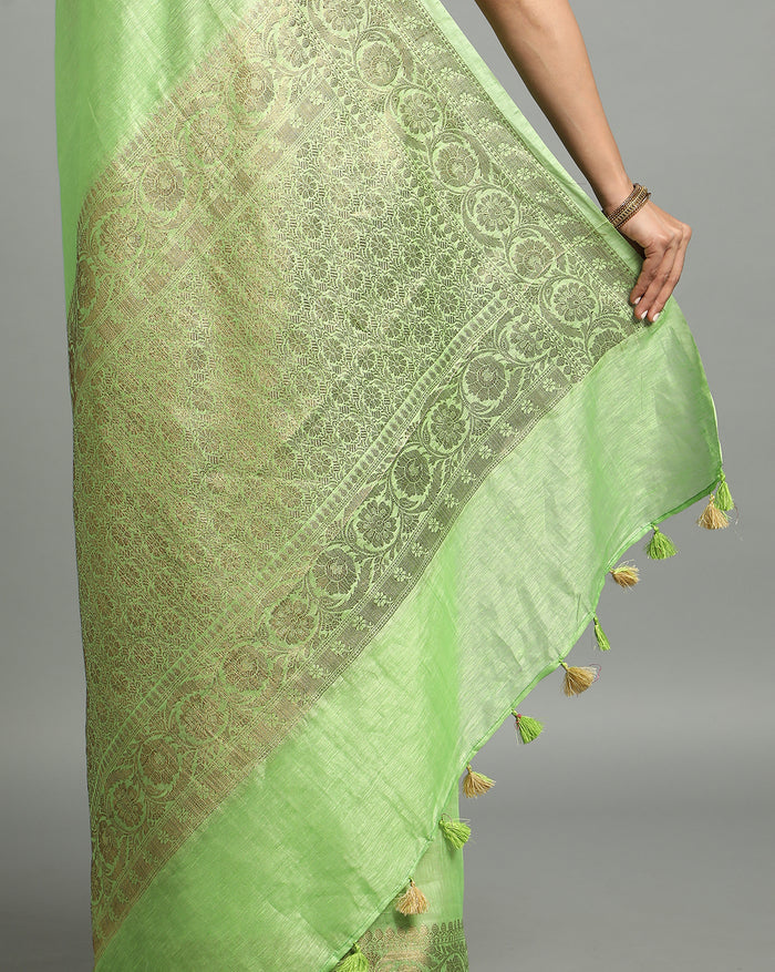 Silk Linen Banarasi Brocade Handloom Olivine Green Saree with Blouse-Indiehaat