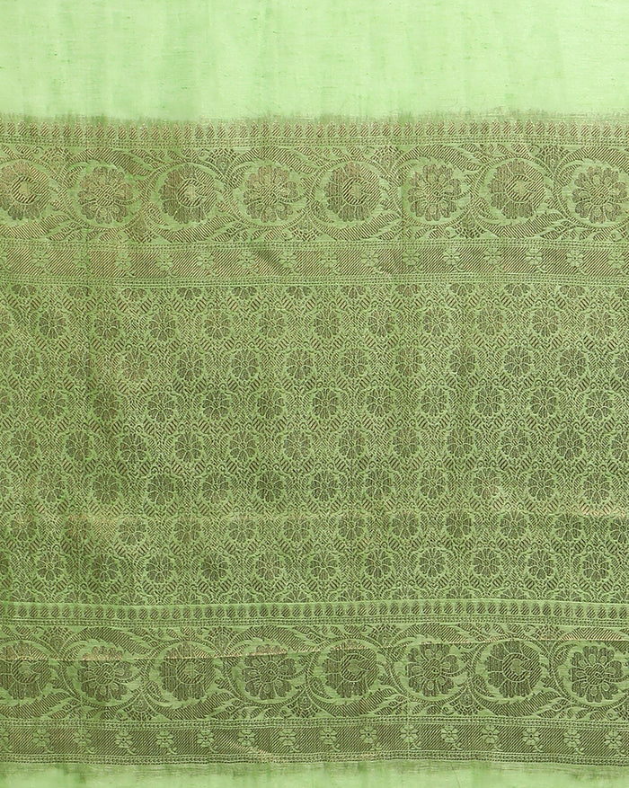 Silk Linen Banarasi Brocade Handloom Olivine Green Saree with Blouse-Indiehaat