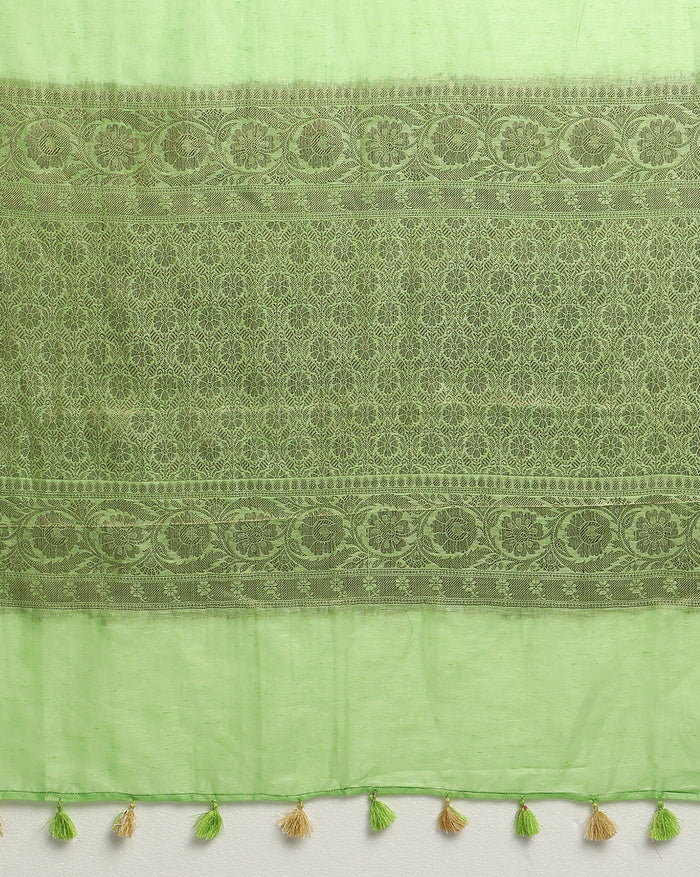 Silk Linen Banarasi Brocade Handloom Olivine Green Saree with Blouse-Indiehaat