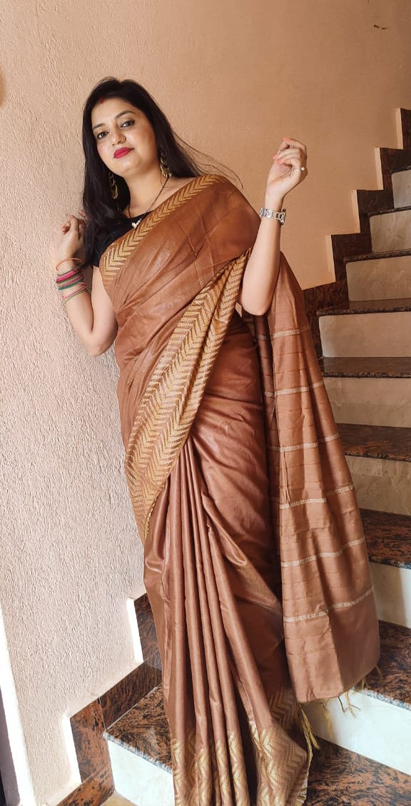Chanderi Silk Brown Saree – Silkmark Certified with Blouse