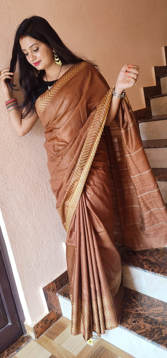 Chanderi Silk Brown Saree – Silkmark Certified with Blouse