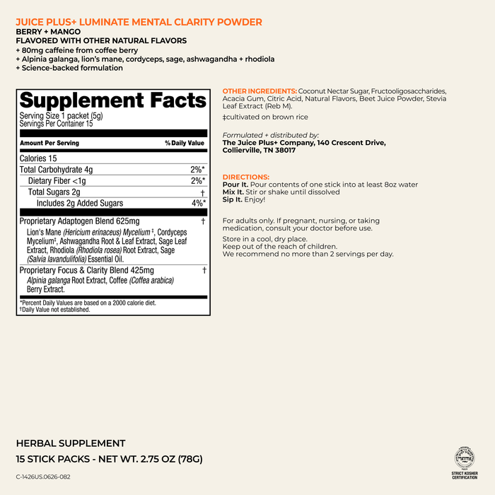 A supplement facts label for Juice Plus+ Luminated Mental Clarity Powder in Berry and Mango flavor, shown on a white background with product text above. The label includes serving size, calories, nutrients, directions, and company information for The Juice Plus+ Company.