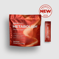 Juice Plus+ Metabolism dietary supplement pouch in metallic red-orange packaging next to a single stick pack, with a red circular 'Product New 2026' badge on a light gray background.