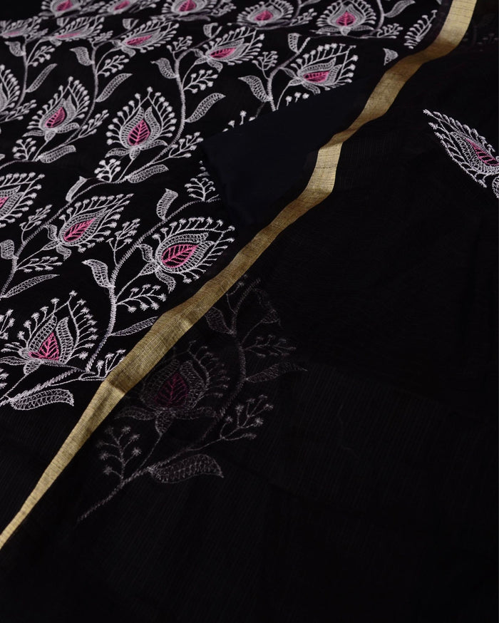 Indiehaat|Kota Doria Embroidered Black Suits(Top+Bottom+Dupatta)