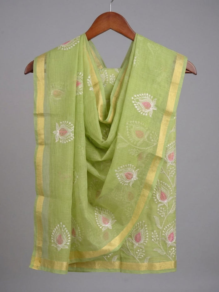 Kashidakari Embroidered Kota Doria Olive Green Suit (T+B+D)s