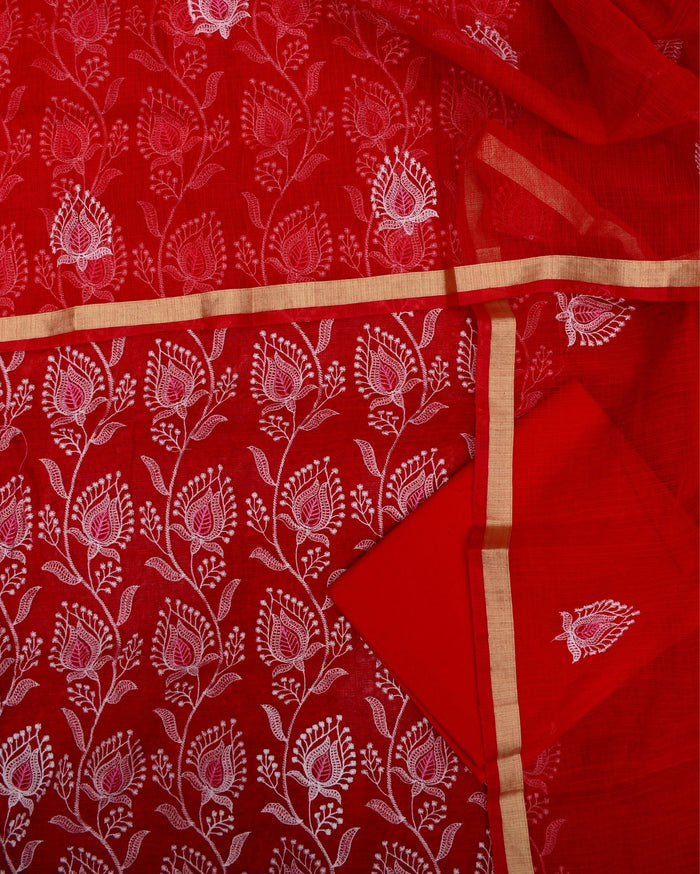 Indiehaat|Kota Doria Embroidered Maroon Suits(Top+Bottom+Dupatta)