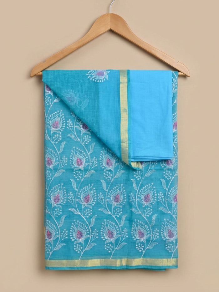 Kashidakari Embroidered Kota Doria Sky Blue Suit (T+B+D)s