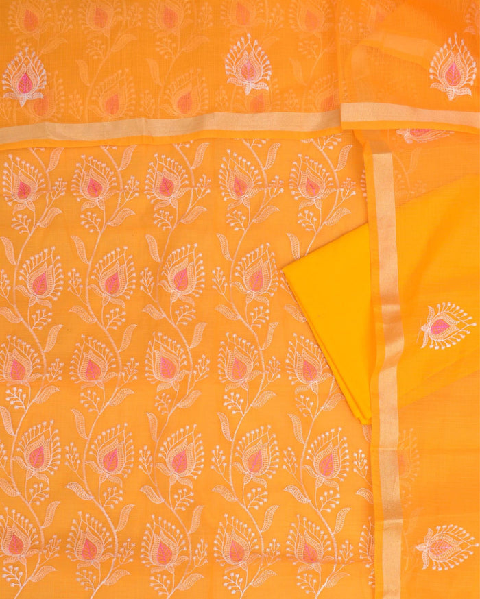 Indiehaat|Kota Doria Embroidered Orange Suits(Top+Bottom+Dupatta)