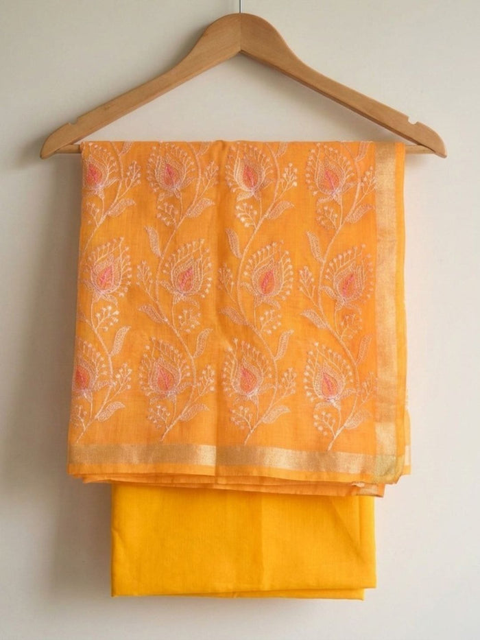 Kashidakari Embroidered Kota Doria Sunny Orange Suit (T+B+D)s