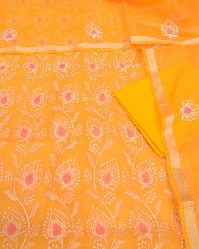Indiehaat|Kota Doria Embroidered Orange Suits(Top+Bottom+Dupatta)