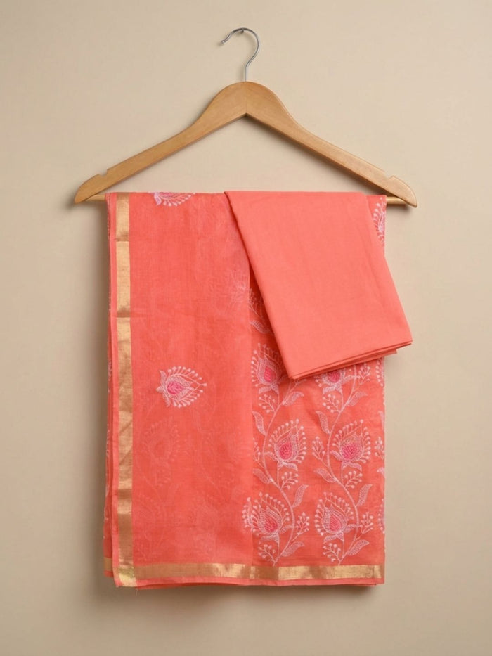 Kashidakari Embroidered Kota Doria Warm Red Suit (T+B+D)s