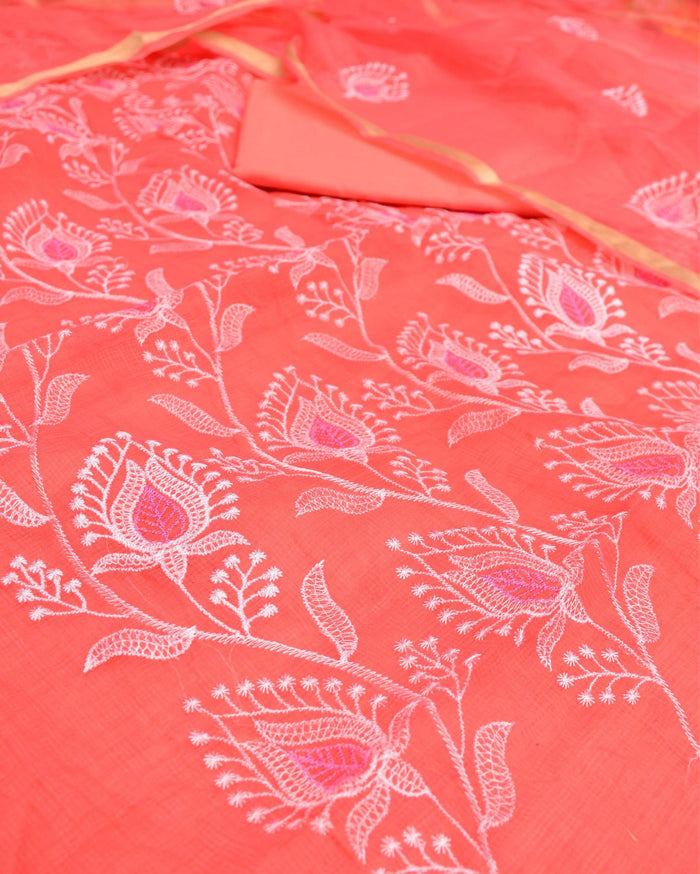 Indiehaat|Kota Doria Embroidered Red Suits(Top+Bottom+Dupatta)
